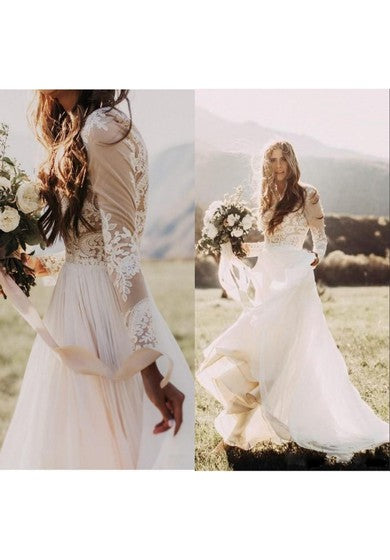 Bohemian/Hippie Country/Rustic Vintage Casual Illusion Back Long Sleeves Lace & Tulle Summer Wedding Dress