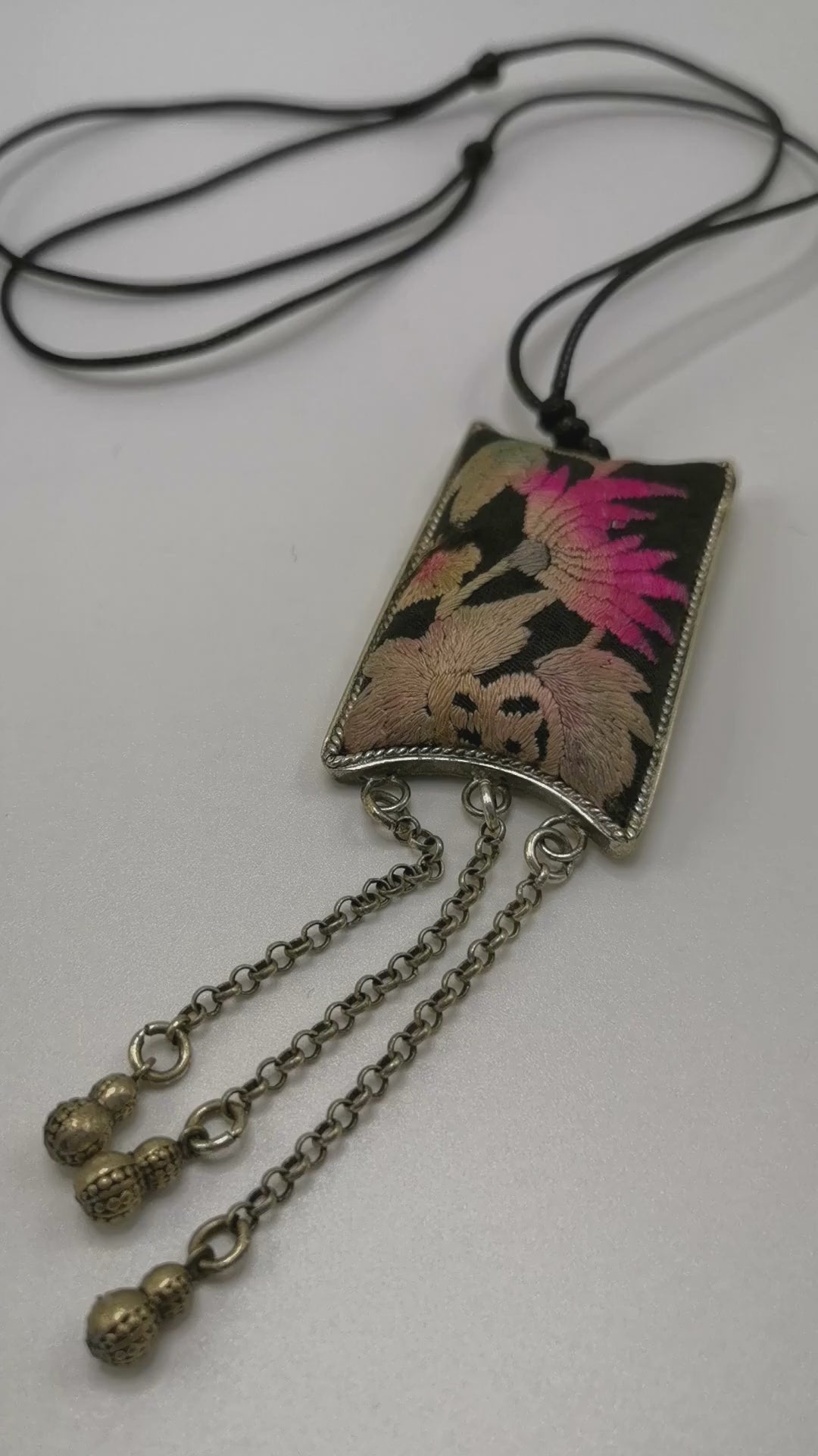 Unique Hand-Embroidered Water Lily Pendant Necklace with Chain Fringe