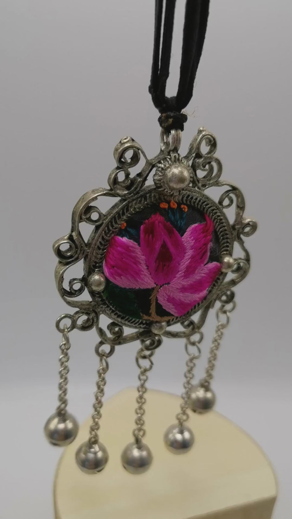 Exceptional Artisanal Lotus Embroidery Pendant Necklace with Bells