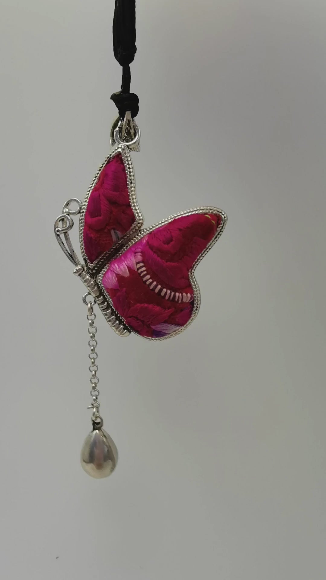 Rare Handmade Butterfly Embroidery Pendant with Bell Drop