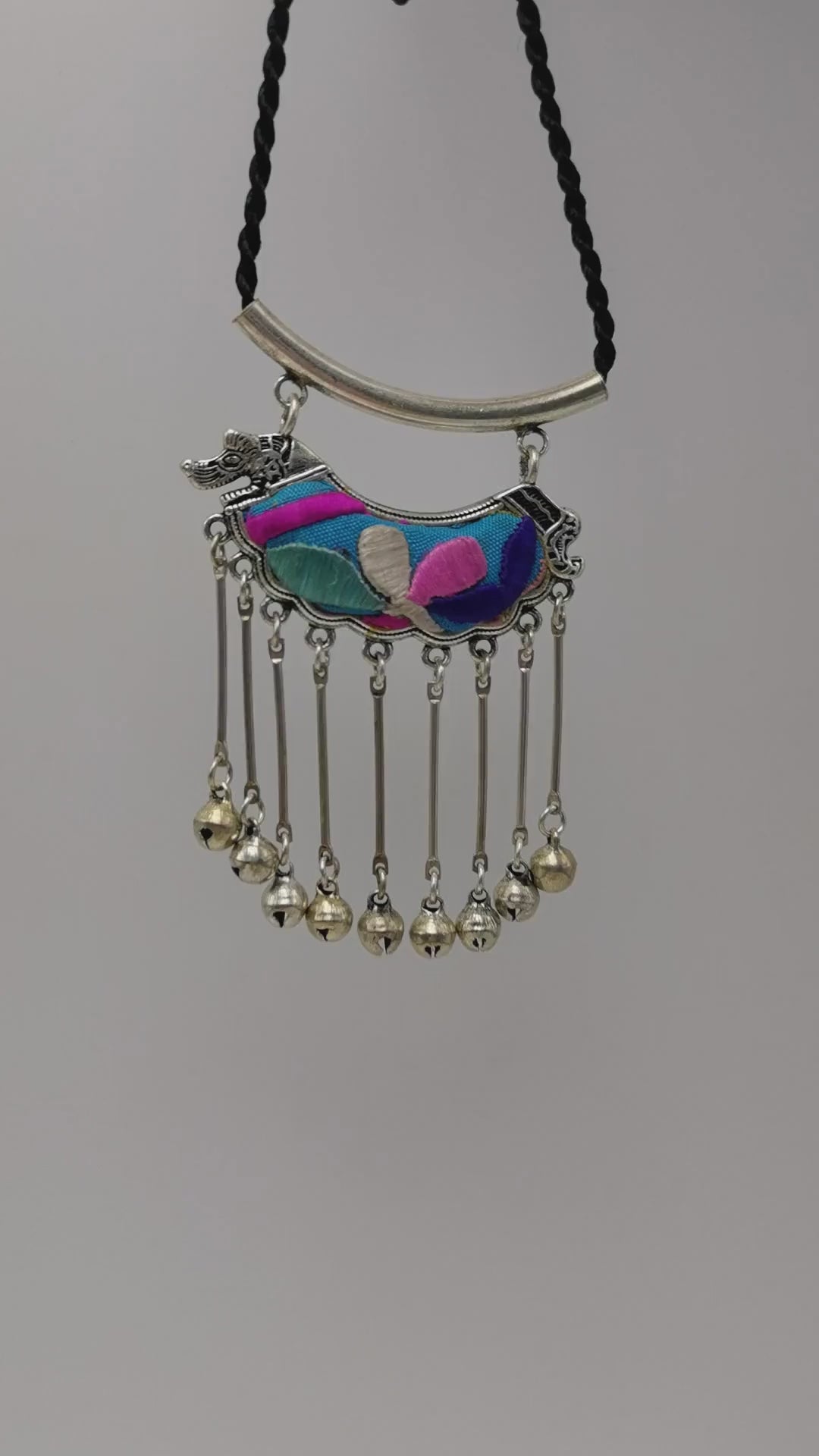 One-Of-A-Kind Dog-Shaped Embroidery Pendant Necklace with Bells