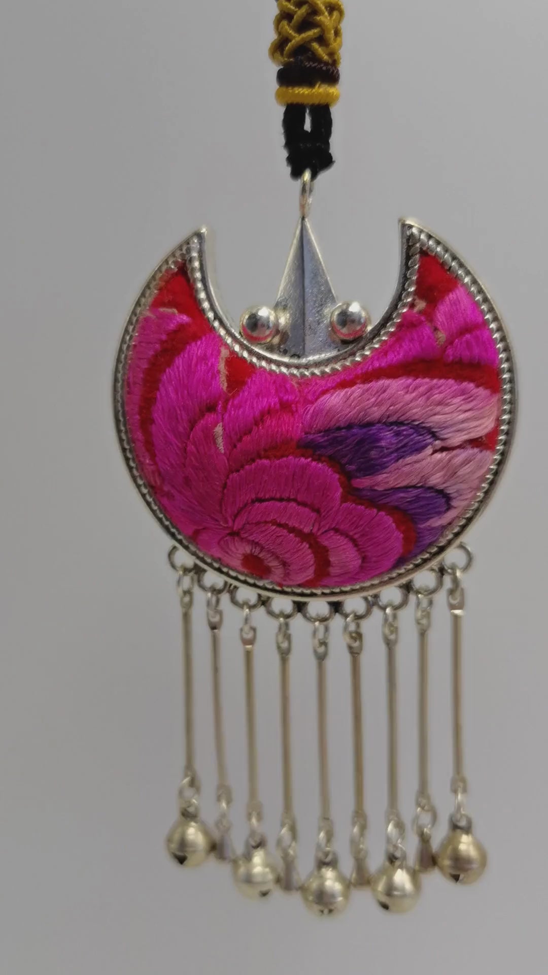 Unconventional Bat-Shaped Embroidered Pendant Necklace with Bell Fringe