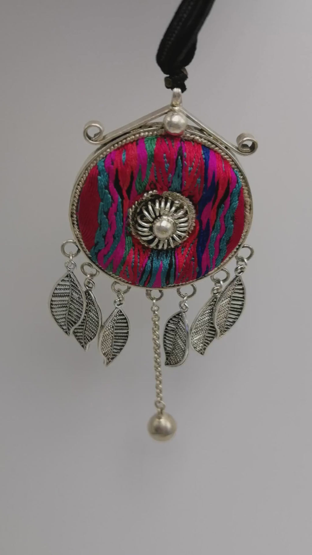 Original Artisan Embroidery Pendant with Miao Silver Leaf Fringe