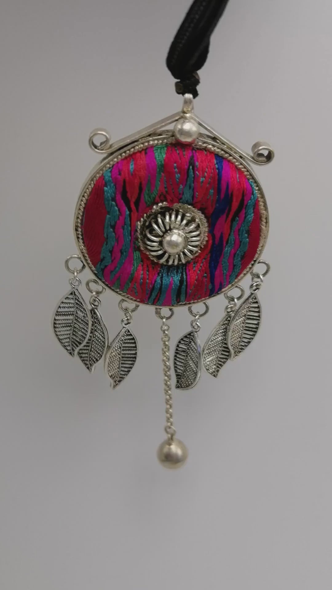 Original Artisan Embroidery Pendant with Miao Silver Leaf Fringe