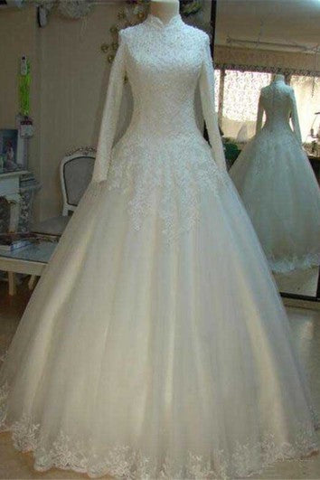 Vintage Beaded Lace High Neck Wedding Dresses with Long Sleeves