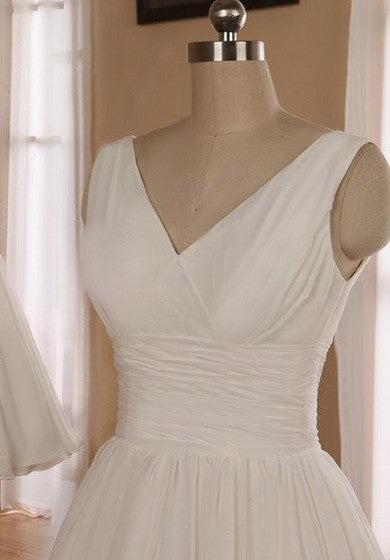 V-Neck Sleeveless Tea-Length Chiffon Wedding Dress With Ruching And Low-V Back