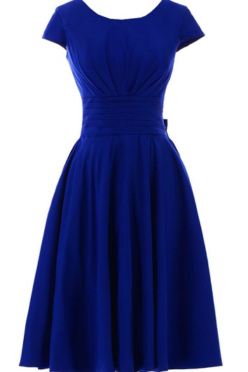 Short Sleeve Ruched Sash Midi-length Pleated Chiffon Dress