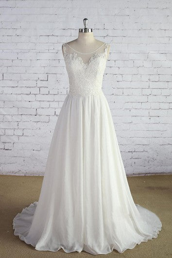 Chiffon Sleeveless Scoop Neck A-Line Dress With Lace Bodice and Low-V Back