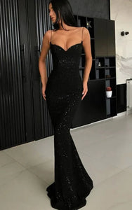 Black Spaghetti Sheath Bodycon Sequin Sexy Mermaid Formal Prom Dress