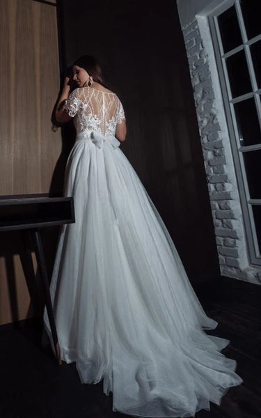 Bateau-neck Cap-sleeve A-line Chiffon Plus Size Wedding Dress with Illusion Top