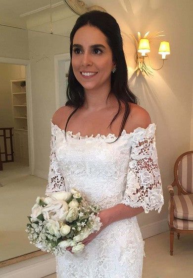 البوهيمي خمر قبالة الكتف نصف الأكمام طويلة الأكمام الزفاف الدانتيل