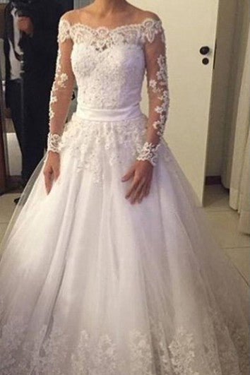 Gorgeous Off-shoulder Long-sleeved Lace Ball Gown Illusion Style