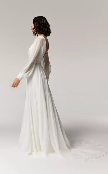 Flowy Chiffon Long Sleeve Empire Sheath Wedding Dress with Low-v Back