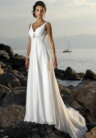 Empire V-neck Court Trains Sleeveless Chiffon Beach Wedding Dresses for Brides