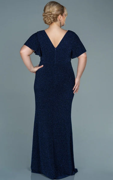 Poet-sleeve V-neck Sequin Ruched Slit Front Plus Size Evning Dress