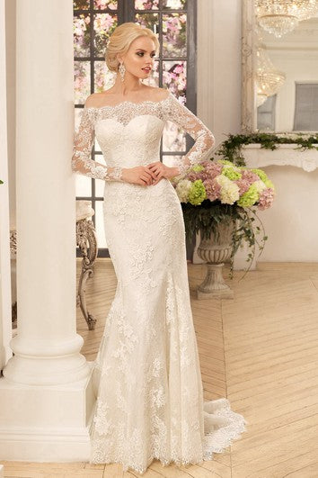 Sheath Long Off-The-Shoulder Long-Sleeve Illusion Lace Dress With Appliques