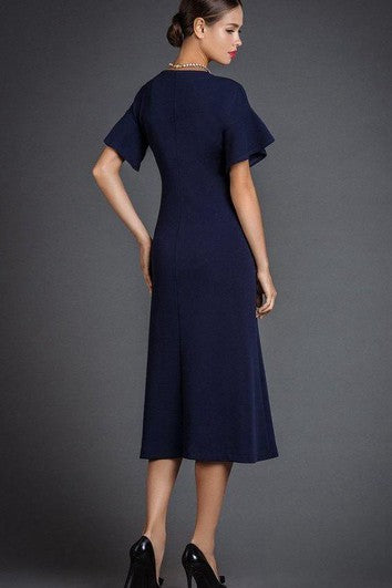 High Neck Short Bell Sleeve A-line Tea Length Jersey Dress