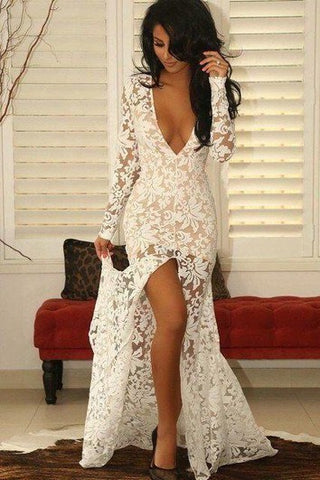 Modern Lace Deep V-neck Mermaid Prom Dress Front Split Long Sleeve