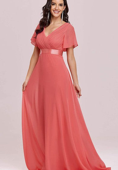 Elegant Chiffon V-neck A Line Short Sleeve Prom Mother Dress With Ruffles