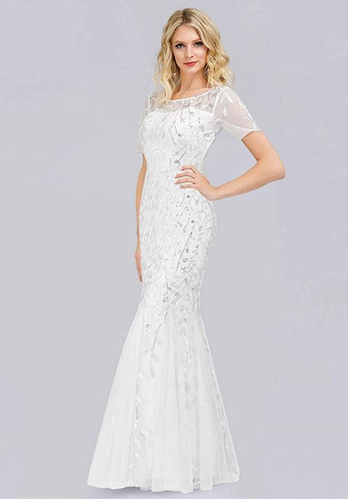 تول الترتر بطول الأرض حورية البحر قصيرة الأكمام خمر فستان متواضع مع الطيات