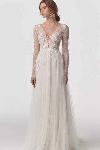 Ethereal V-neck Lace Tulle A Line Long Sleeve Floor-length Sweep Train Wedding Dress with Appliques