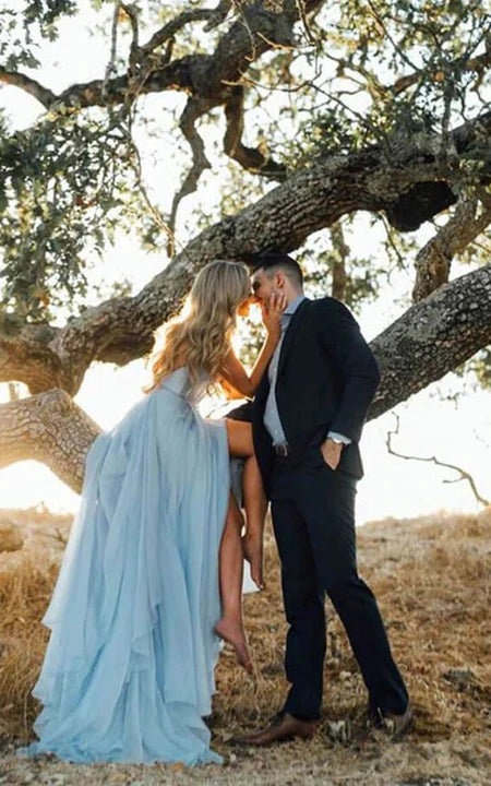 Robe empire décontractée en mousseline de soie à décolleté plongeant et à fines bretelles, bleue, fendue sur le devant