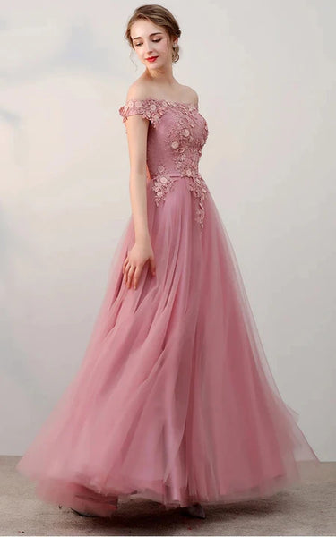 Blush Off-the-shoulder Empire Tulle Lace Applique Pleated Floor-length Prom Dress