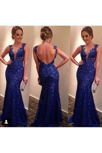 Sexy Backless Royal Blue Evening Dresses V-neck Sleeveless Full Lace Prom Gowns