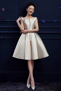 Sleeveless Bateau Neck Pleated Knee Length Satin Dress