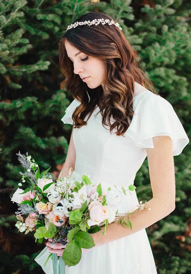 Flowy Beach Short Sleeves Beaded Belt Temple Chiffon Modest Wedding Dress