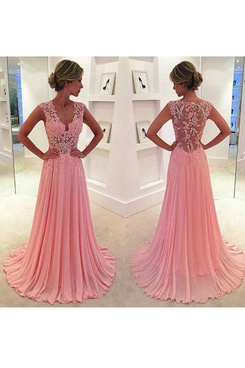 Beautiful Pink Sleeveless Lace Appliques Prom Dresses Long Chiffon