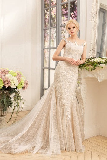 Sheath Long Bateau Cap-Sleeve Illusion Lace Tulle Dress With Appliques And Pleats