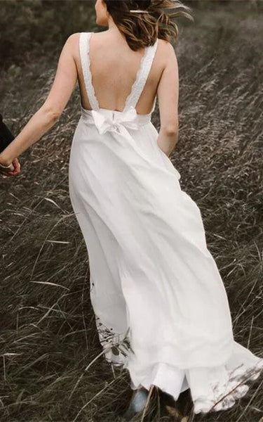 Casual Sleeveless Flowy Chiffon Wedding Dress with Bow