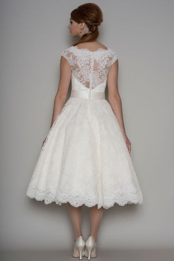 Tea-Length A-Line Cap Sleeve Square Neck Ribboned Lace Wedding Dress