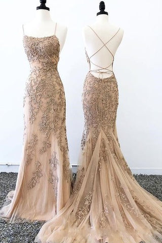 Modern Brush Train Sleeveless Lace Mermaid Open Back Prom Dress with Appliques