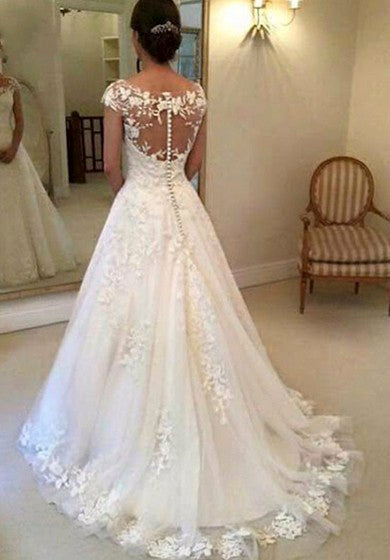 Lace Adorable Bateau Wedding Dress With Illusion Button Back And Cap Sleeves