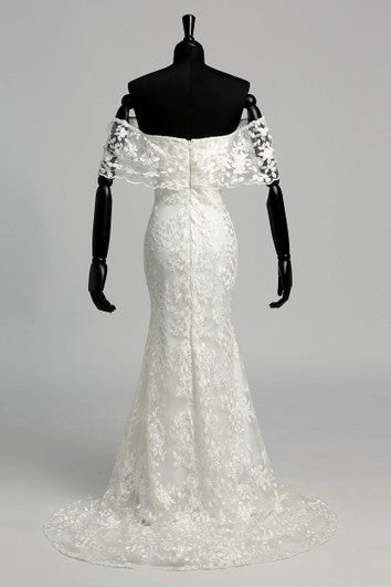 Robe de mariée sirène trompette à manches mi-longues avec bonnet de renouvellement de vœux