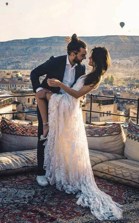 SPAGHETTI sexy sexy frontalta senza maniche in pizzo in pizzo abito da sposa in pizzo