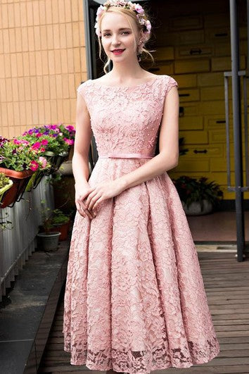 A-Line Bateau Lace Pearls Tea-Length Prom Dress