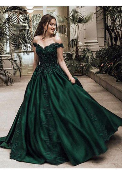 Robe de bal trapèze en satin à manches courtes et épaules dénudées en dentelle