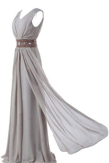 Sleeveless V-neck Long Chiffon Gown With Rhinestone