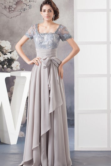 Chiffon Pleated Illusion Caped Sleeve and Gown With Bow