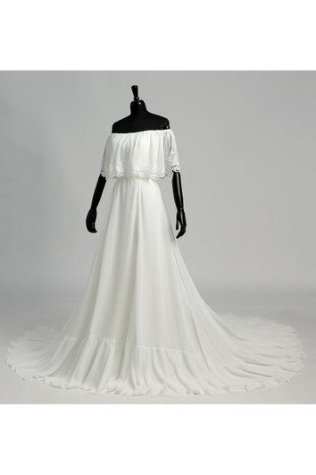 A-line Off-the-shoulder Sleeveless Chiffon Wedding Dress with Chapel Train