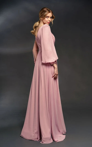 Asymmetrical Illussion Long Sleeve Chiffon Front Split Dress with Applique