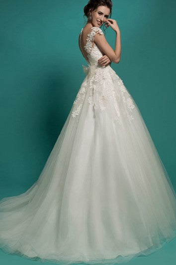 A-Line Long V-Neck Short-Sleeve Illusion Tulle Dress With Appliques And Bow