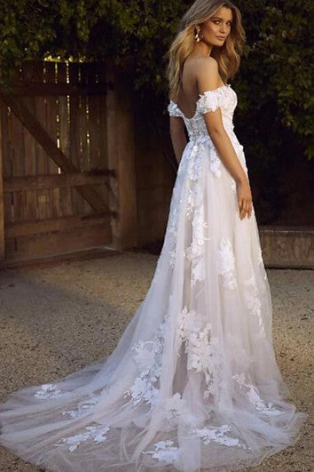 Casual Off-the-shoulder A Line Floor-length Court Train Sleeveless Wedding Dress With Appliques