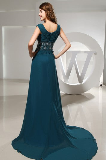 Chiffon Floor-Length Beaded Dress With Pleats and Ruching