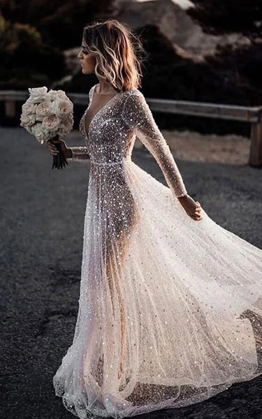 Sexy Illusion Beaded Ethereal Sheath Long Sleeve Plunged Dress