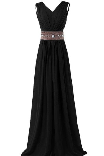 Ärmelloses, langes Chiffonkleid mit V-Ausschnitt und Strass