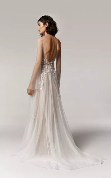 Flowy Ethereal Tulle Illusion A-line Wedding Dress with Applique